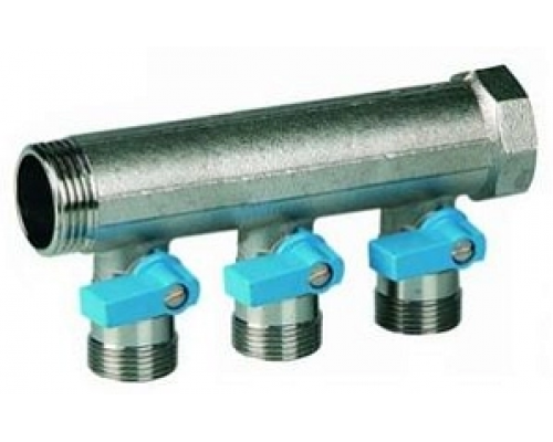 Коллектор Henco 1" с синими шаровыми кранами 3 выхода 3/4" под евроконус