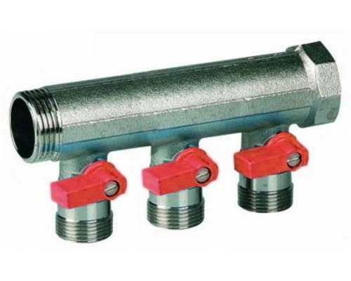 Коллектор Henco 3/4" с красными шаровыми кранами 3 выхода 3/4" под евроконус
