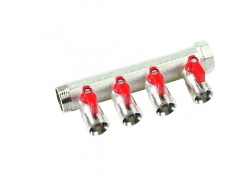 Коллектор Henco 3/4" с красными шаровыми кранами 4 выхода 3/4" под евроконус