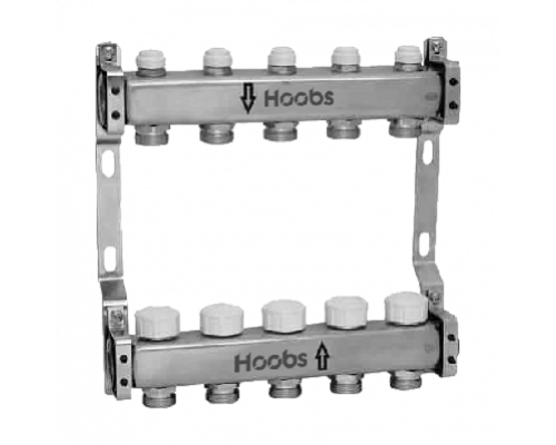 Комплект коллекторов Hoobs, нерж. сталь, с термостат. клапанами, с отсекающими клапанами и кронштейнами 1"х3/4"-8 вых.