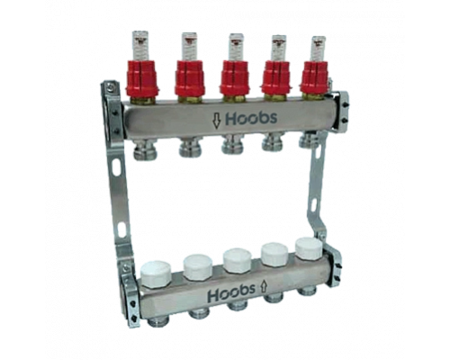 Комплект коллекторов Hoobs, нерж. сталь, с расходомерами, с отсекающими клапанами и кронштейнами 1"х3/4"-12 вых.